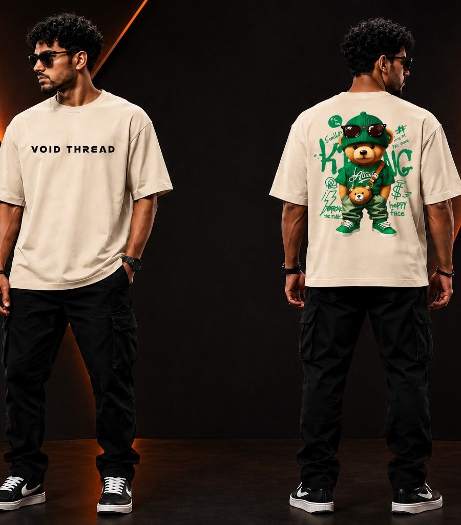 VOID THREAD Urban Bear Oversized Premium T-Shirt Beige