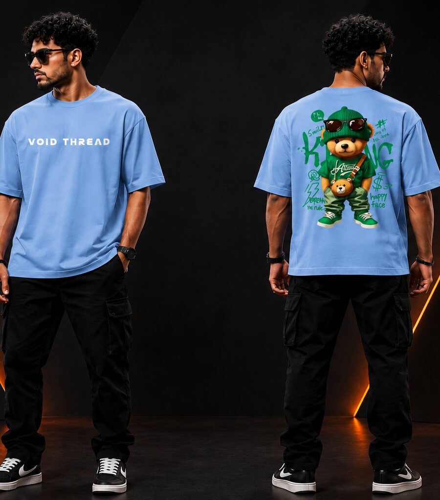 VOID THREAD Urban Bear Oversized Premium T-Shirt Power Blue